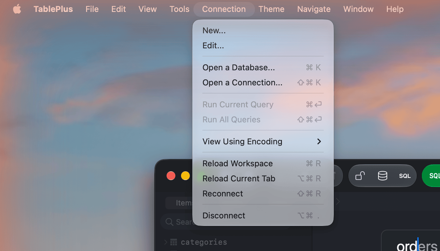 The TablePlus menu bar with the Connection menu open