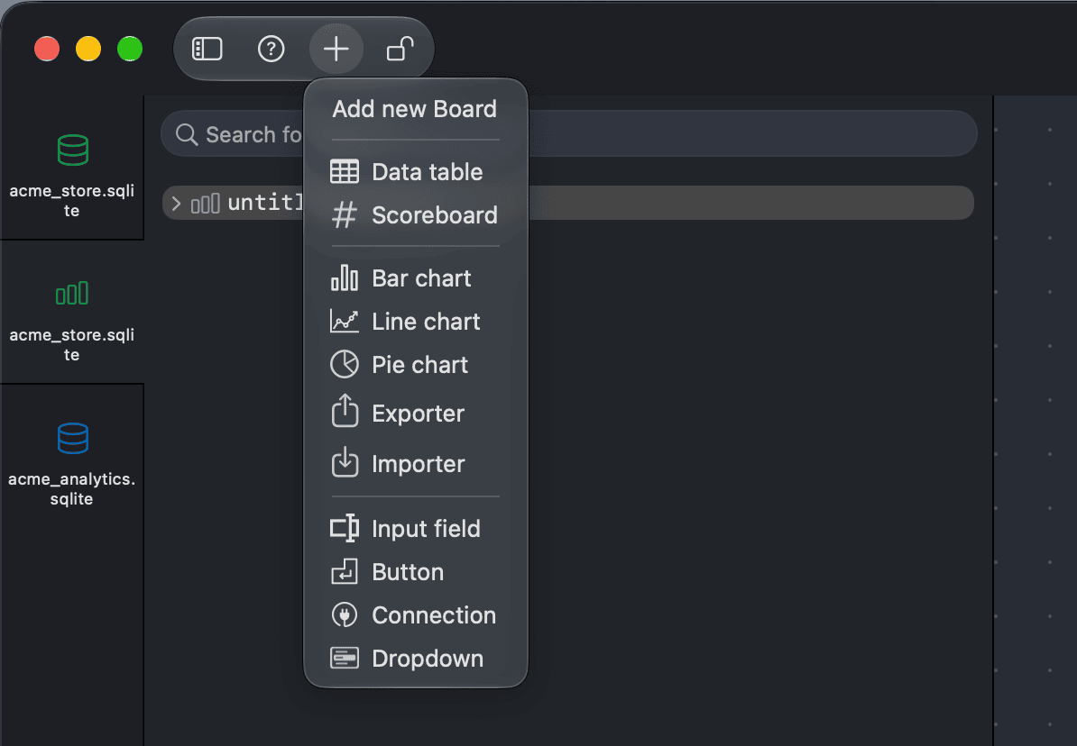 The Add menu of the Metrics Board