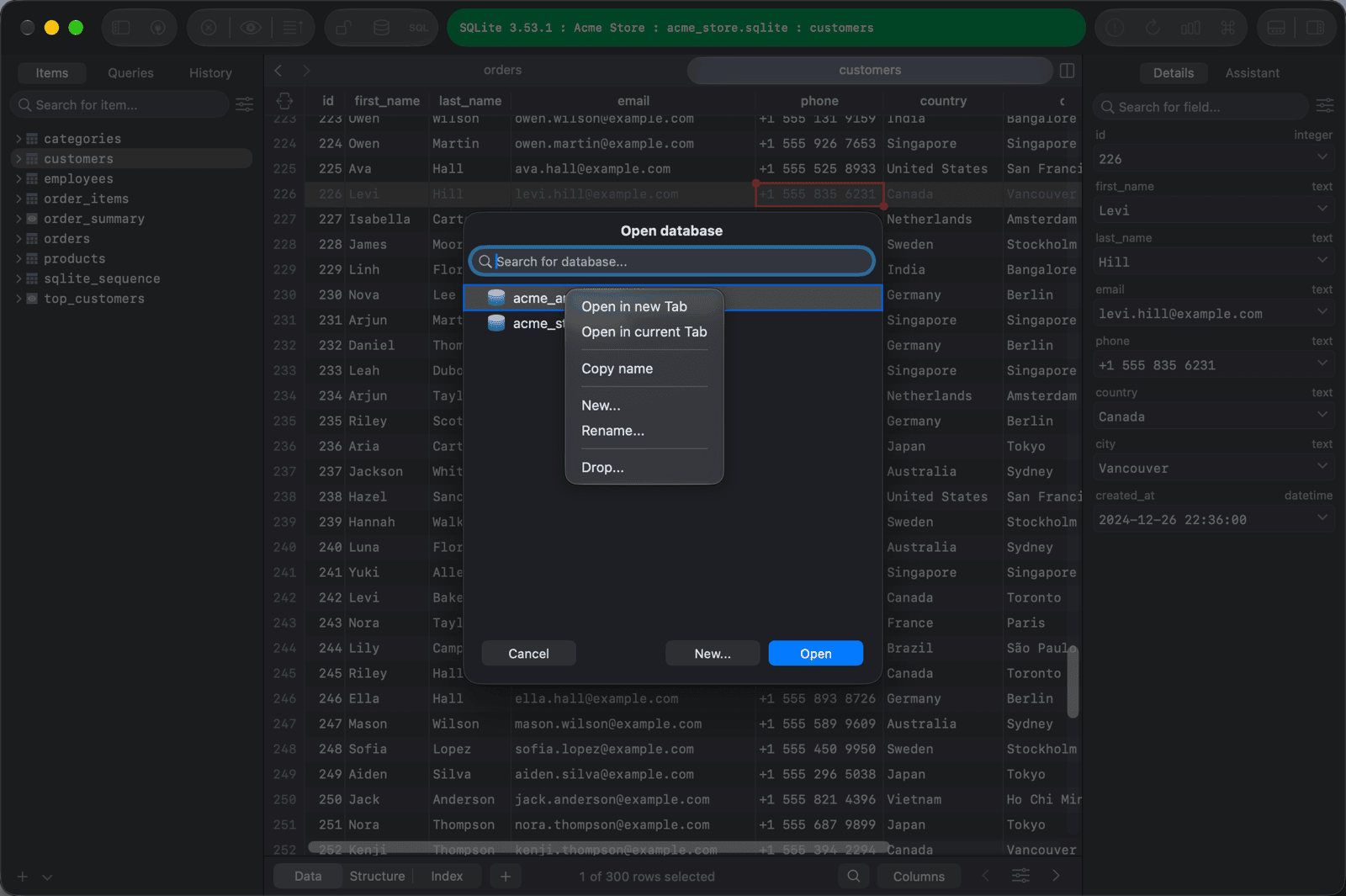 The Open database list with the context menu of a database