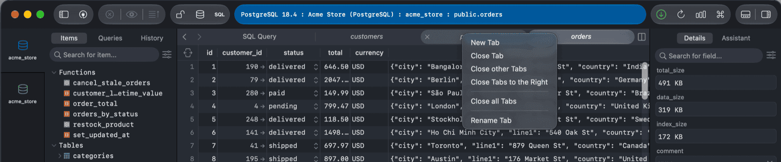 A workspace with SQL Query, customers, products and orders tabs open and the tab context menu showing