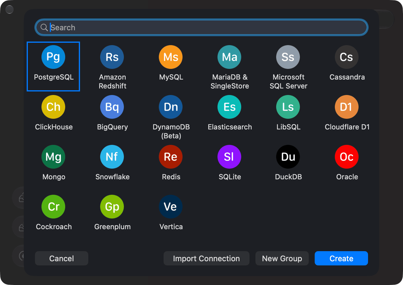 The new connection window listing all the database drivers