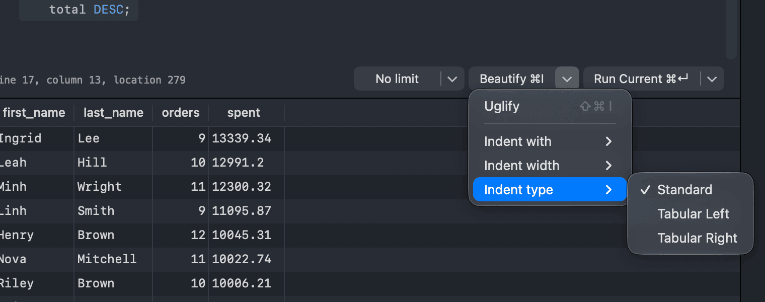 The Beautify menu with Uglify and the indentation options