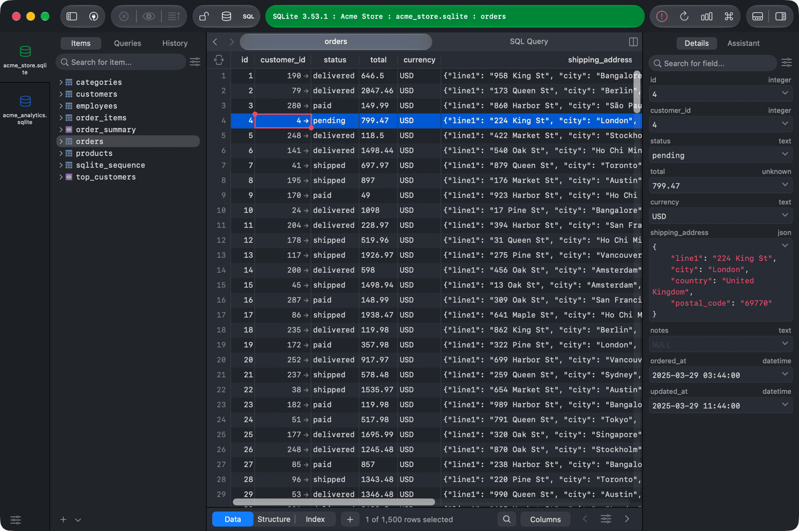 The right sidebar showing the details of a selected order