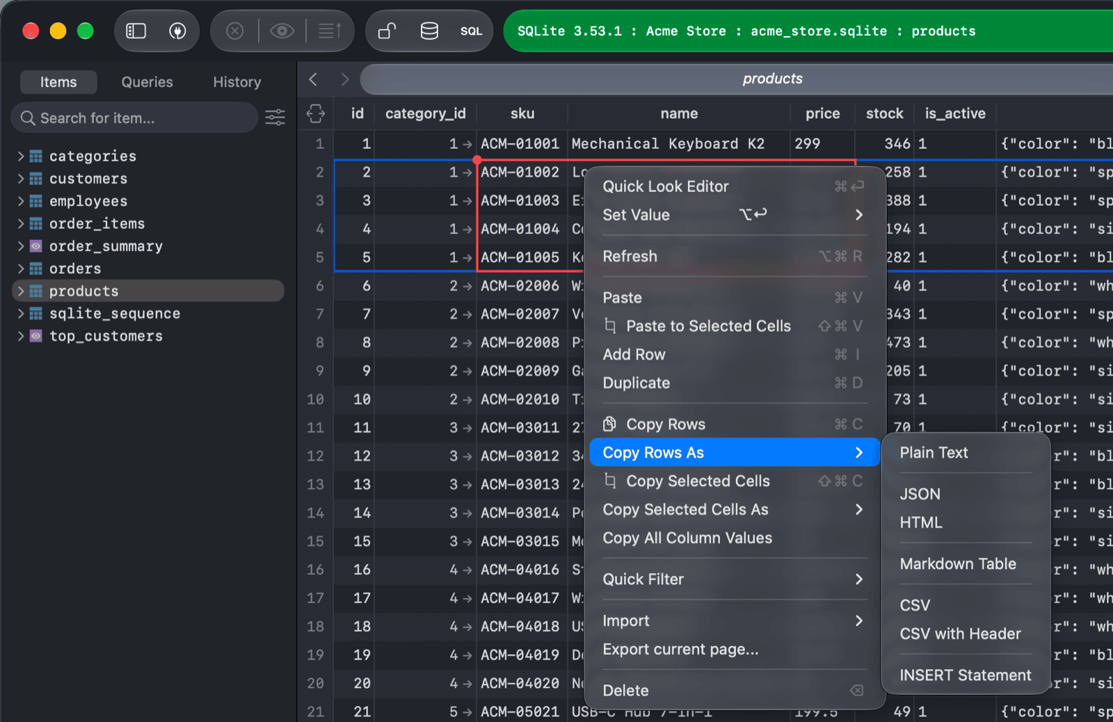 Copy Rows As menu on the data view