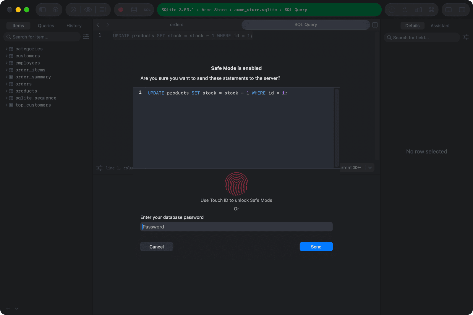 The Safe Mode confirmation showing the statements to send and a password field
