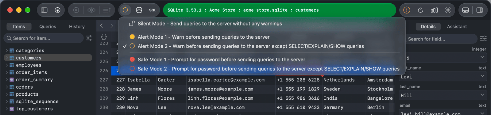 The Safe Mode menu in the toolbar