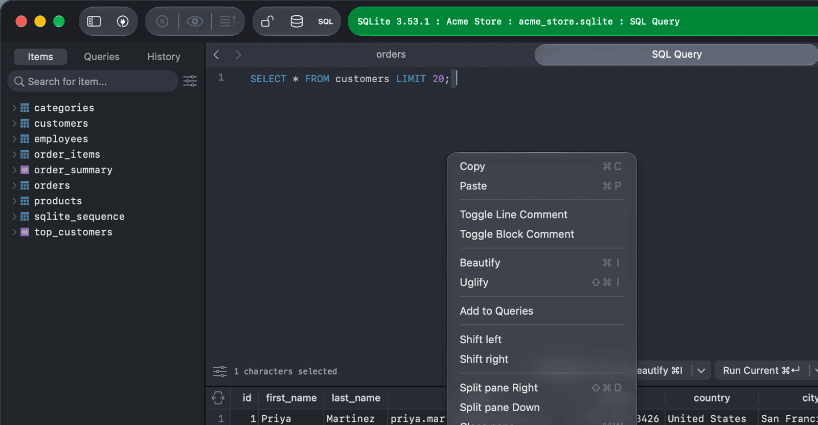 The SQL editor context menu with Split pane Right, Split pane Down and Close pane