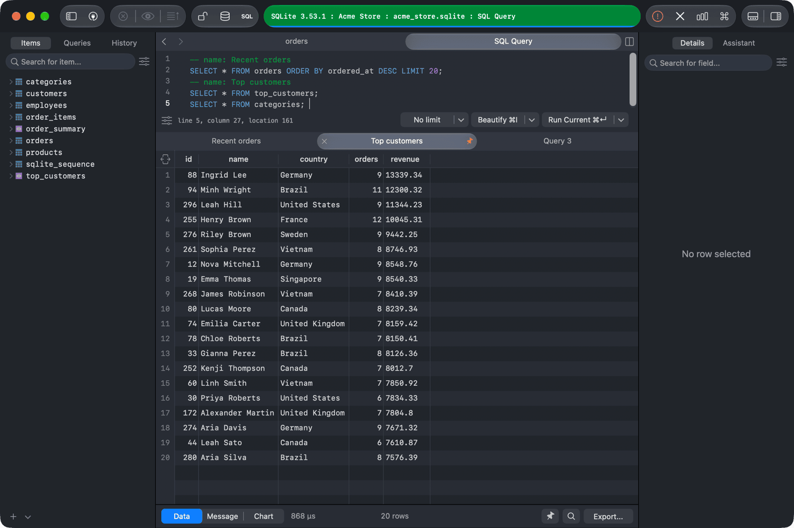 Three result tabs after running three SELECT statements