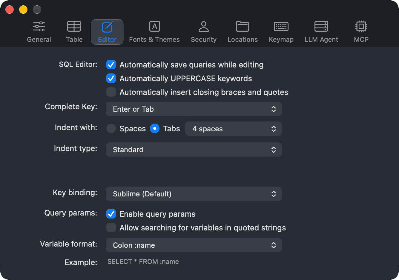The Editor tab of the Preferences window