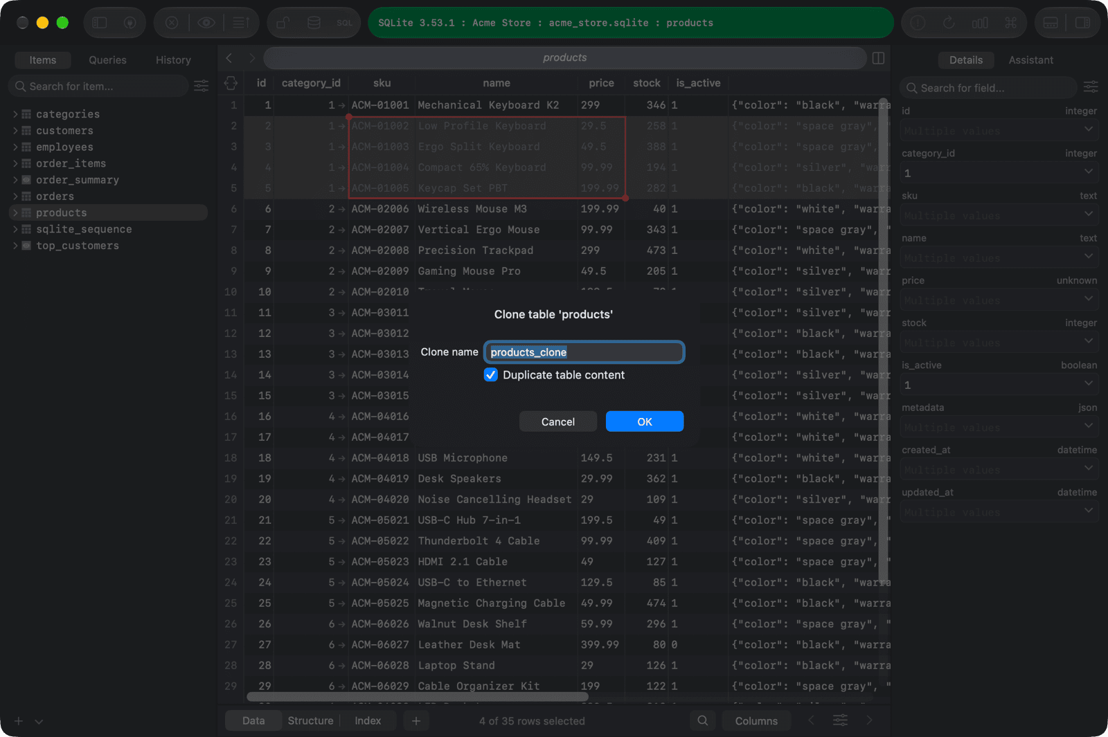 Clone table dialog