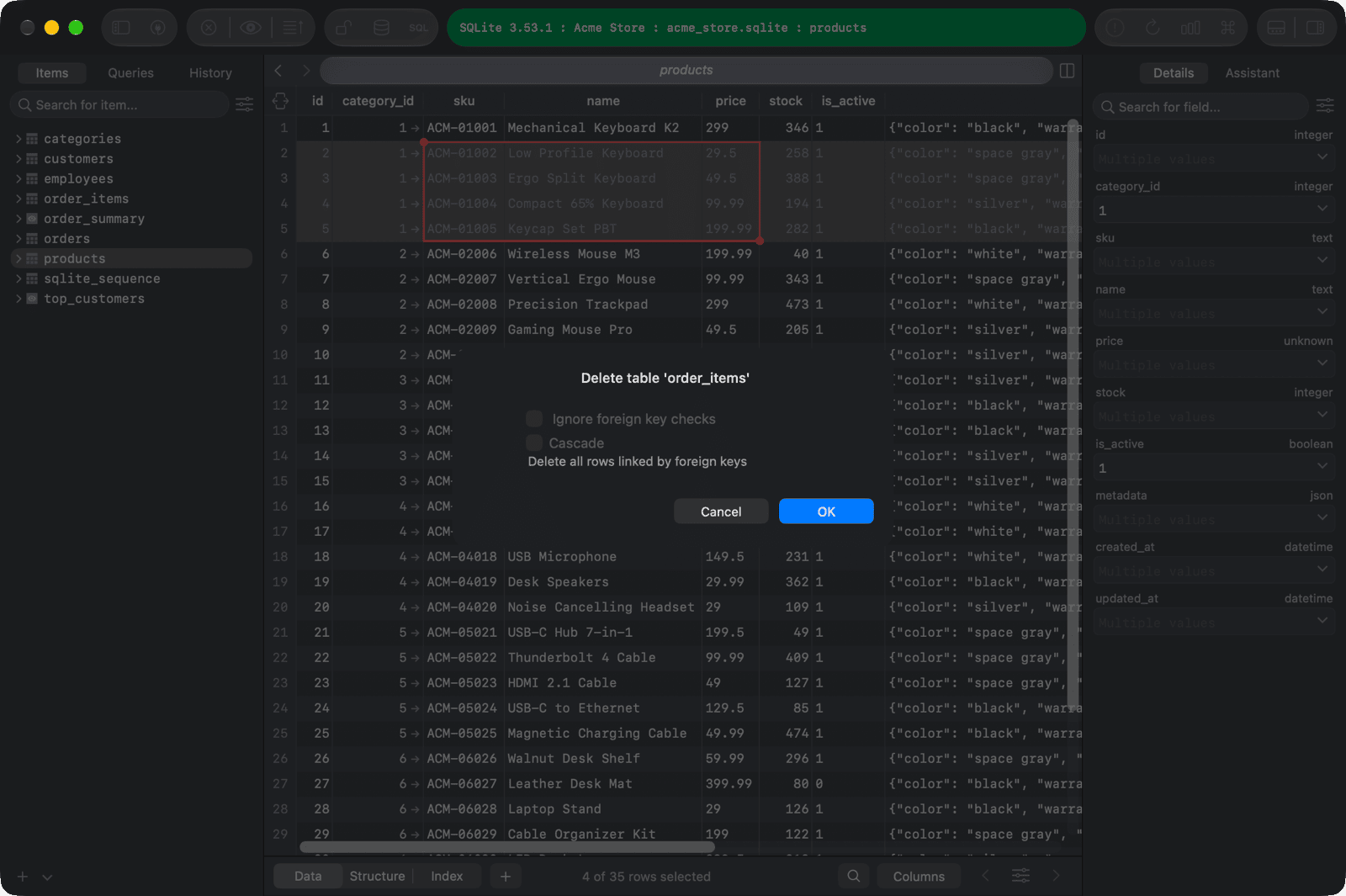 Delete table dialog with options