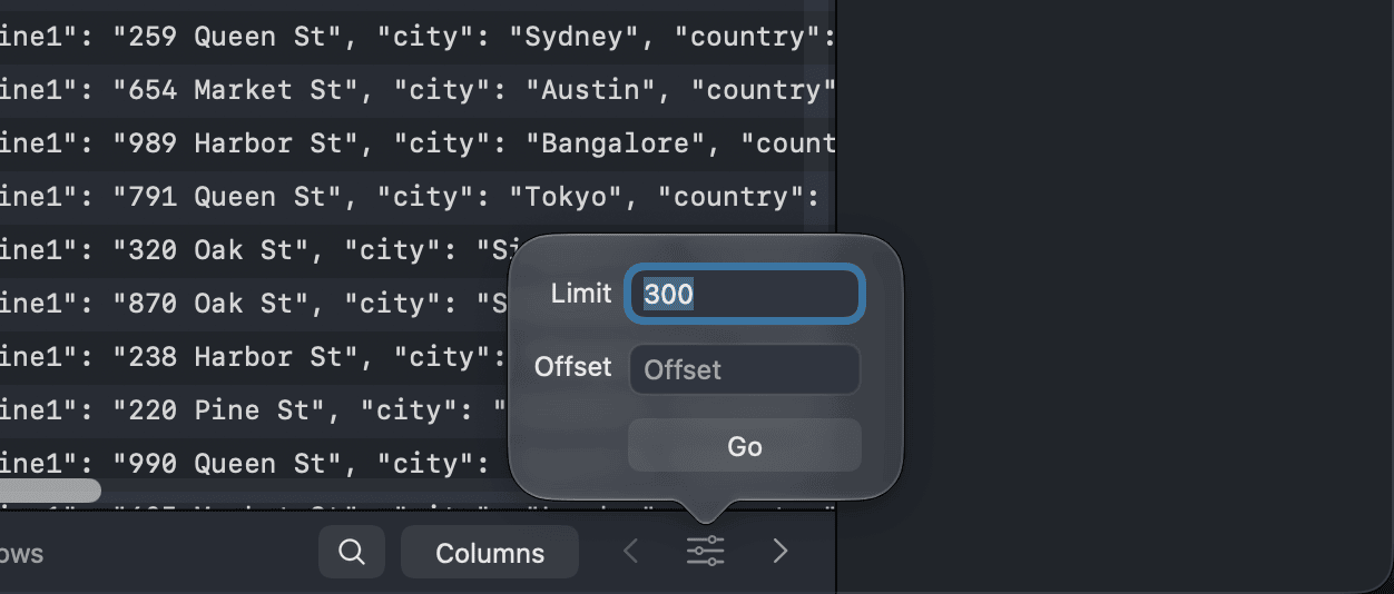 Page settings popover with Limit and Offset