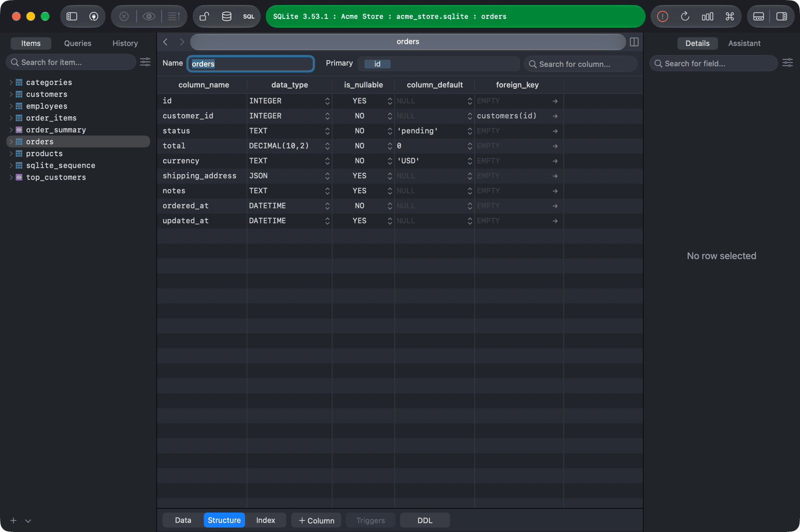 Structure tab of the orders table with the Data, Structure, Index, + Column, Triggers and DDL buttons in the bottom bar