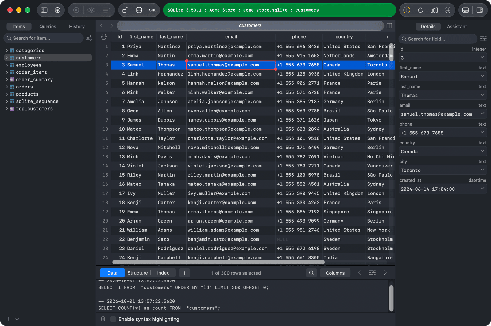 The TablePlus workspace window with the toolbar, left sidebar, table data, right sidebar, and console log