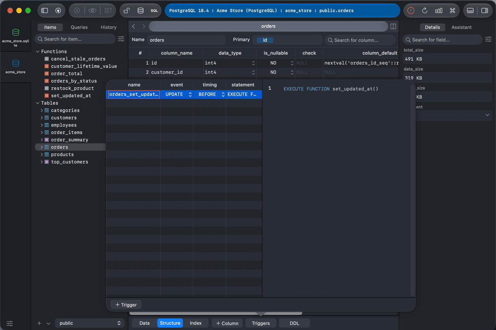Triggers popover of the PostgreSQL orders table, opened from the bottom bar, with the trigger statement editor