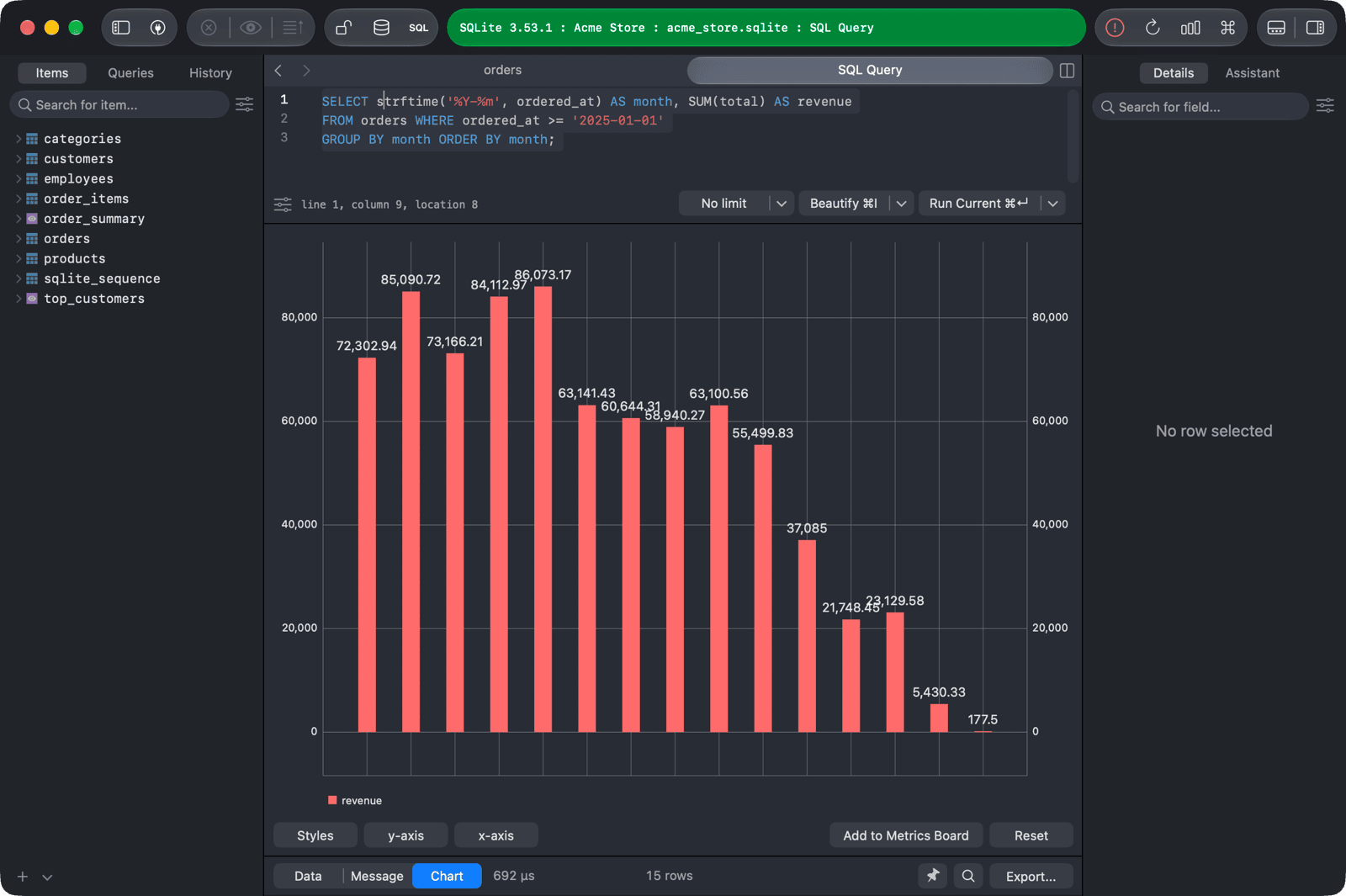 A bar chart of revenue by month since 2025-01 in the Chart view
