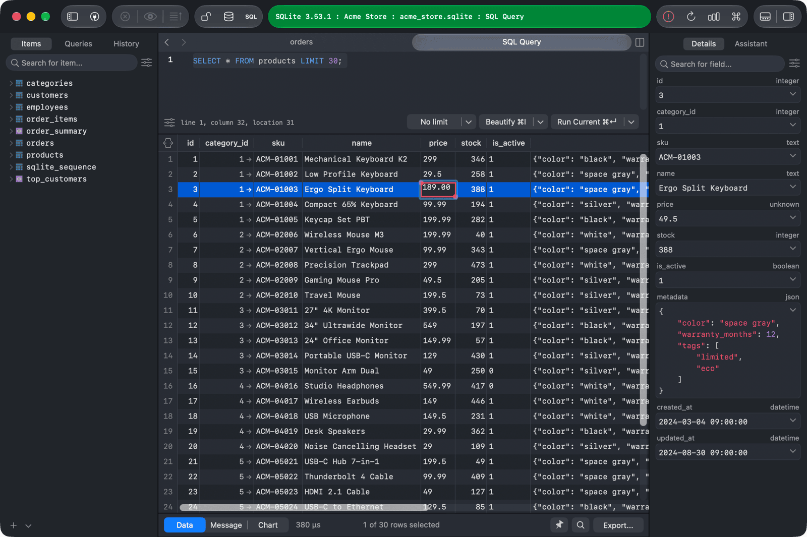 Editing a cell in a query result
