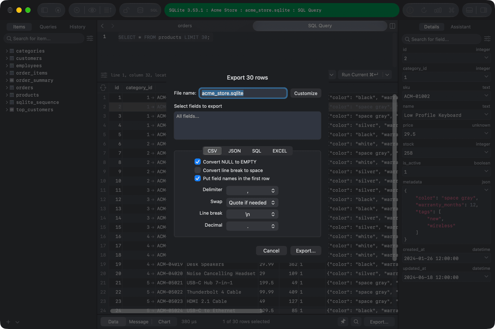 The export result window for a 30-row products result with the CSV, JSON, SQL and EXCEL tabs