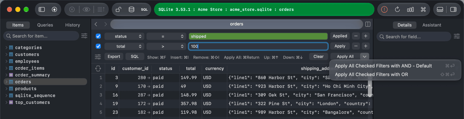 Two checked filters on the orders table and the Apply All menu