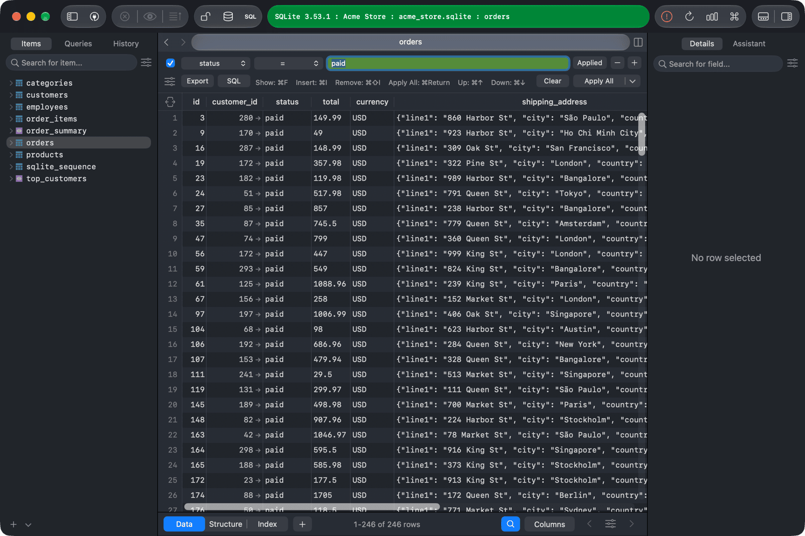 Filter on the orders table with status = paid applied