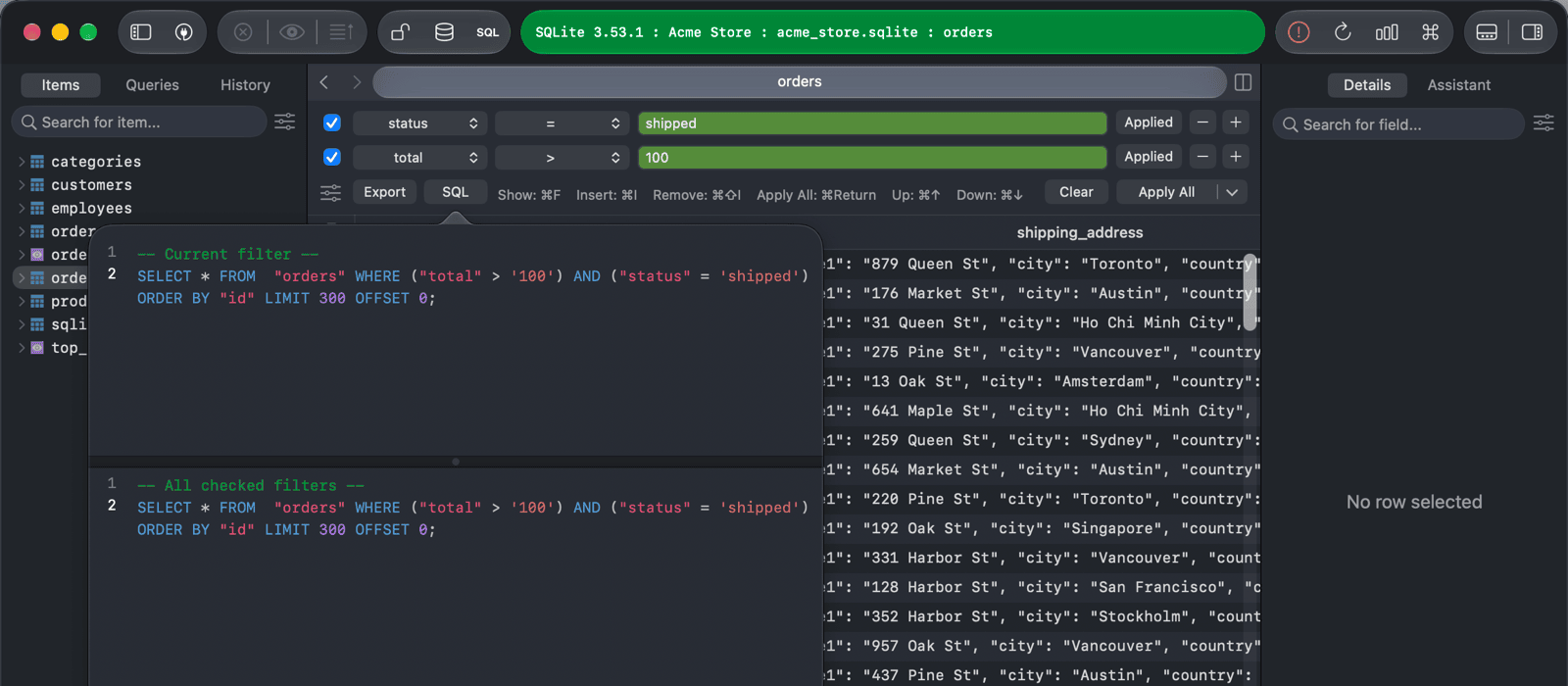 SQL popover showing the generated queries