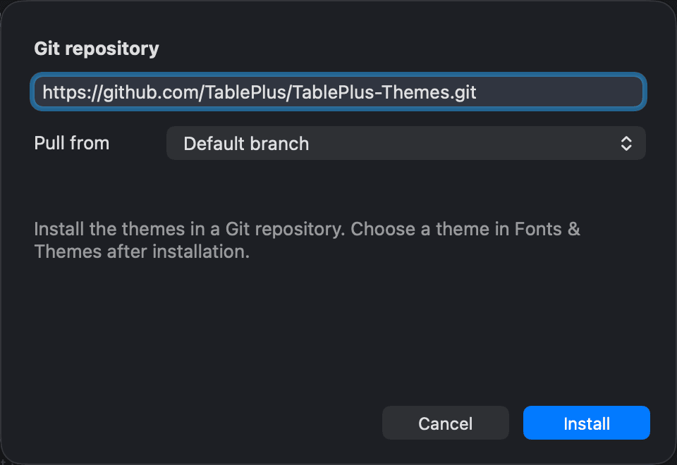 The dialog for installing themes from a Git repository