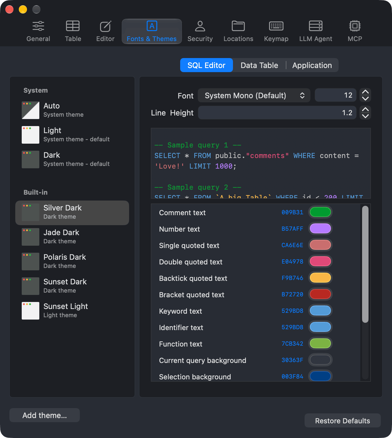 The Fonts & Themes tab with the theme list on the left and the SQL Editor settings on the right