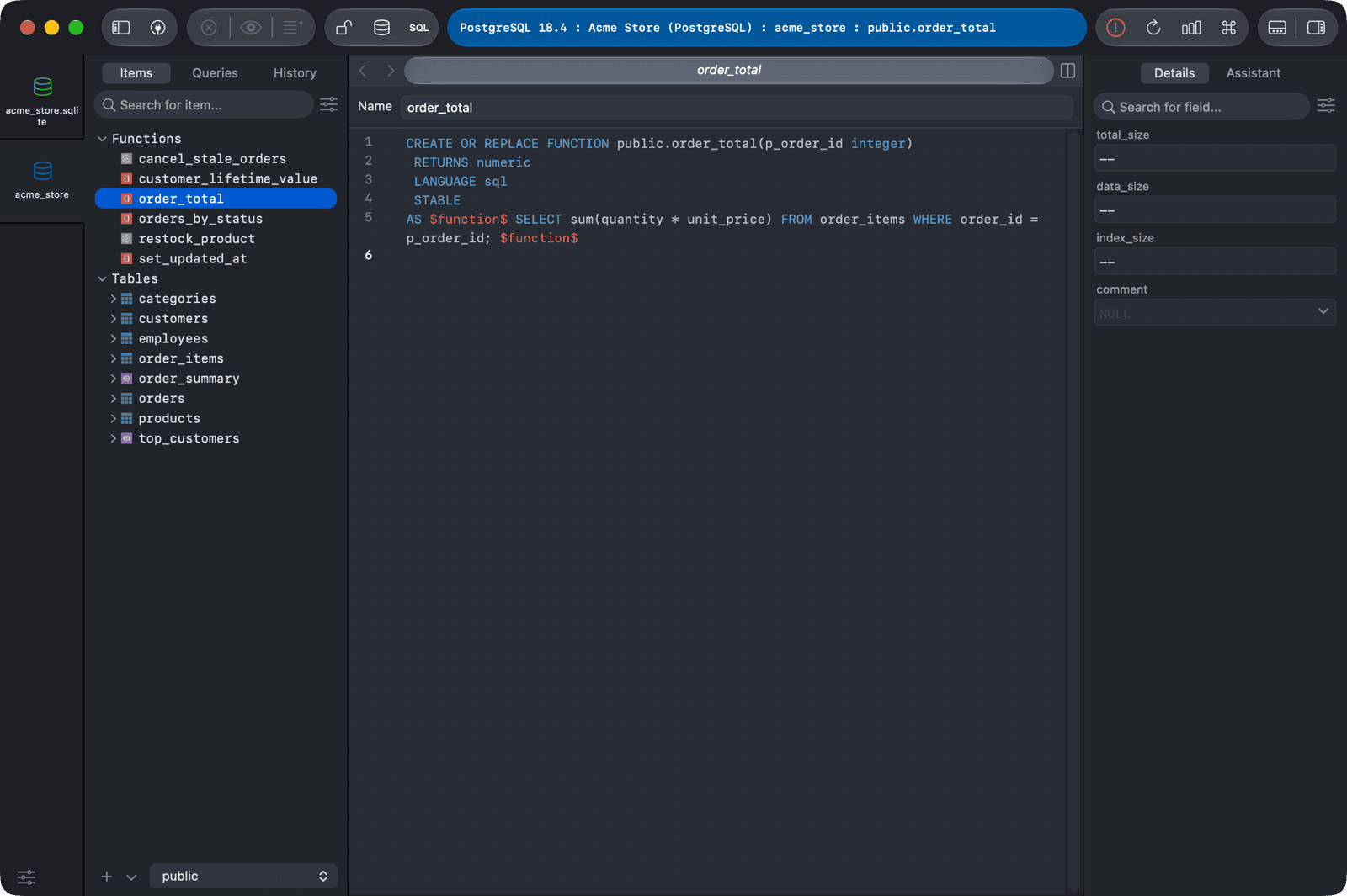 Definition of an existing PostgreSQL function opened from the left sidebar