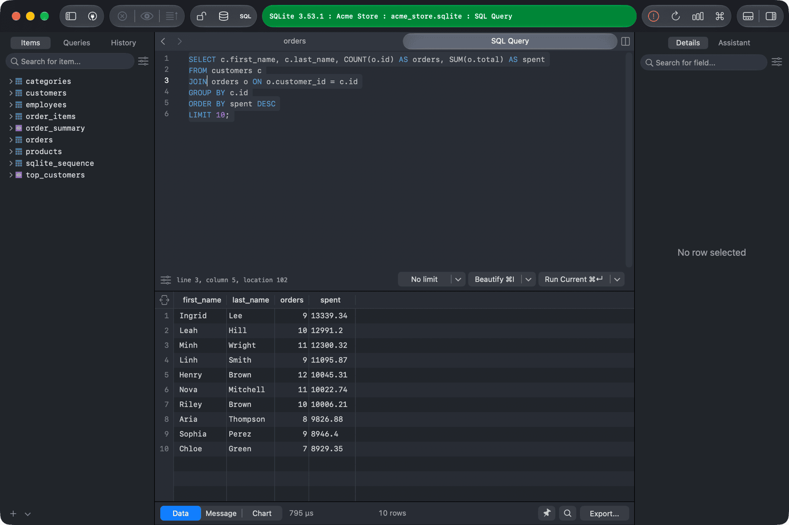 The SQL query editor with a SELECT query and its results below