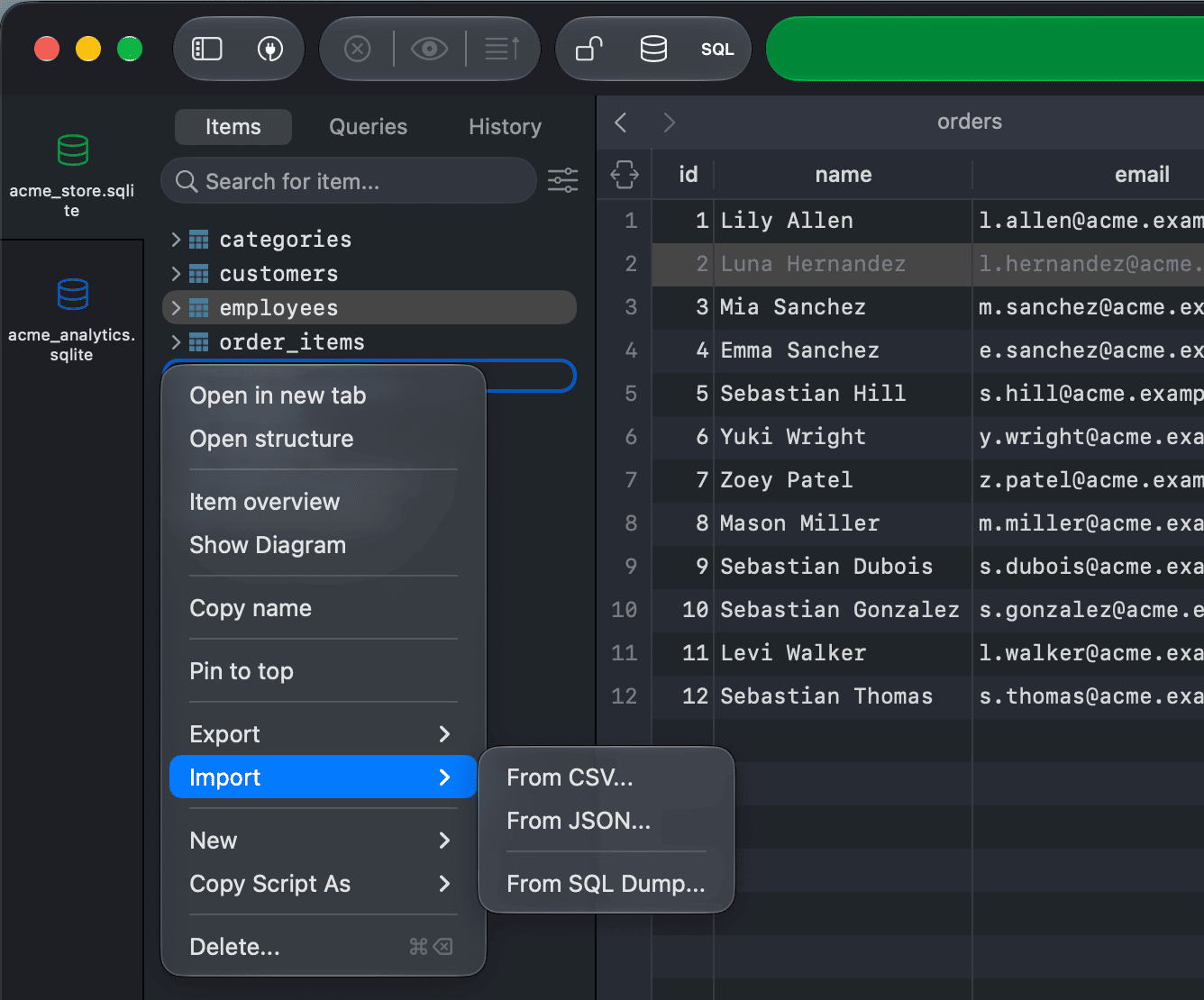 The Import submenu in the left sidebar context menu