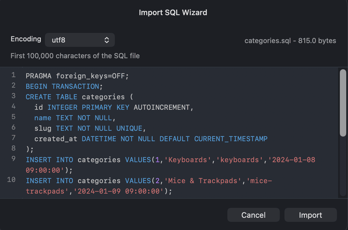 The Import SQL Wizard