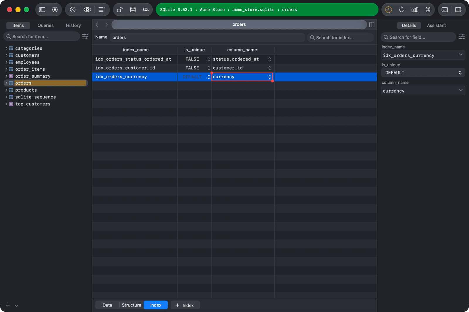 Index tab of the orders table with a new index