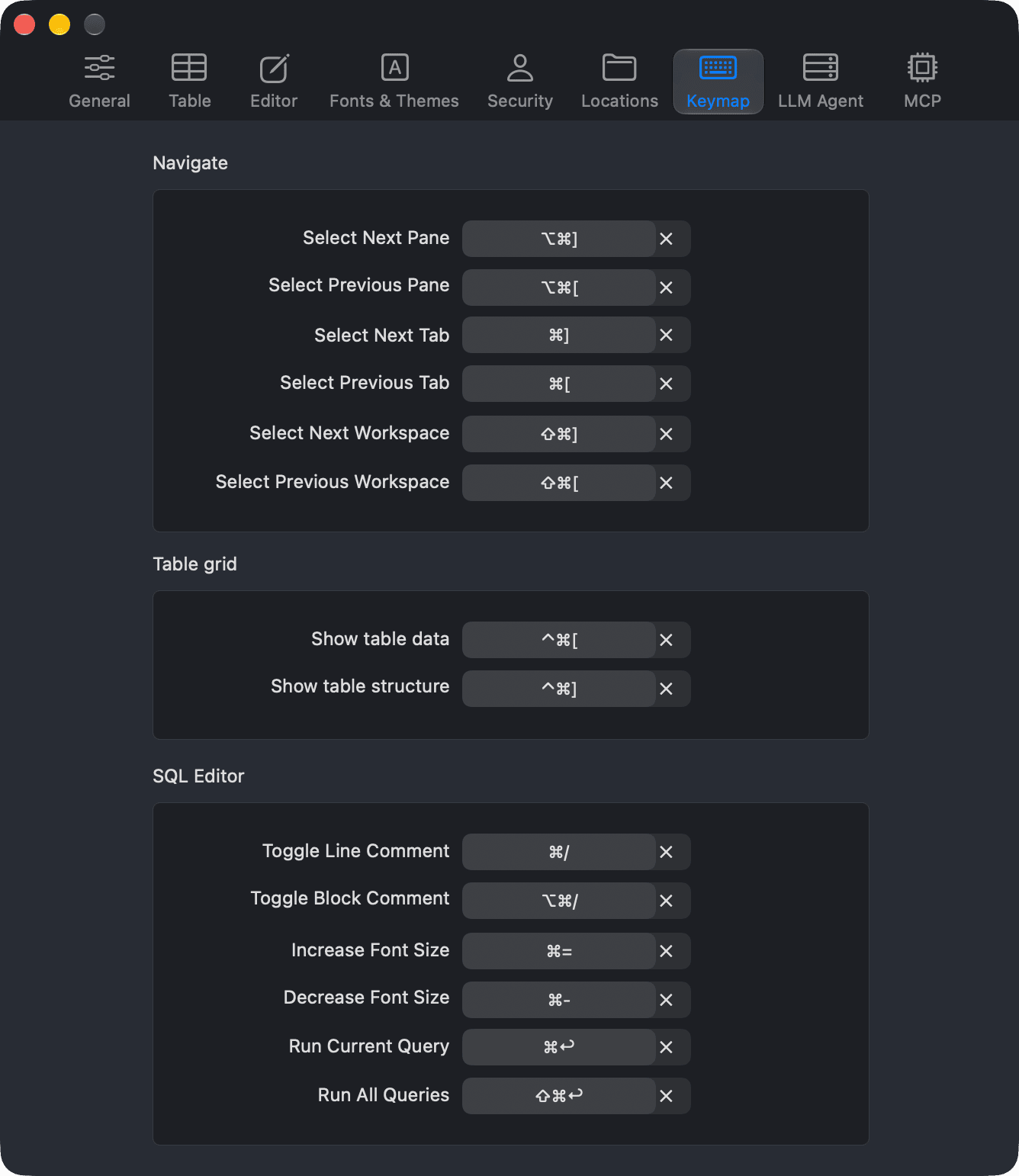 The Keymap tab of the Preferences window
