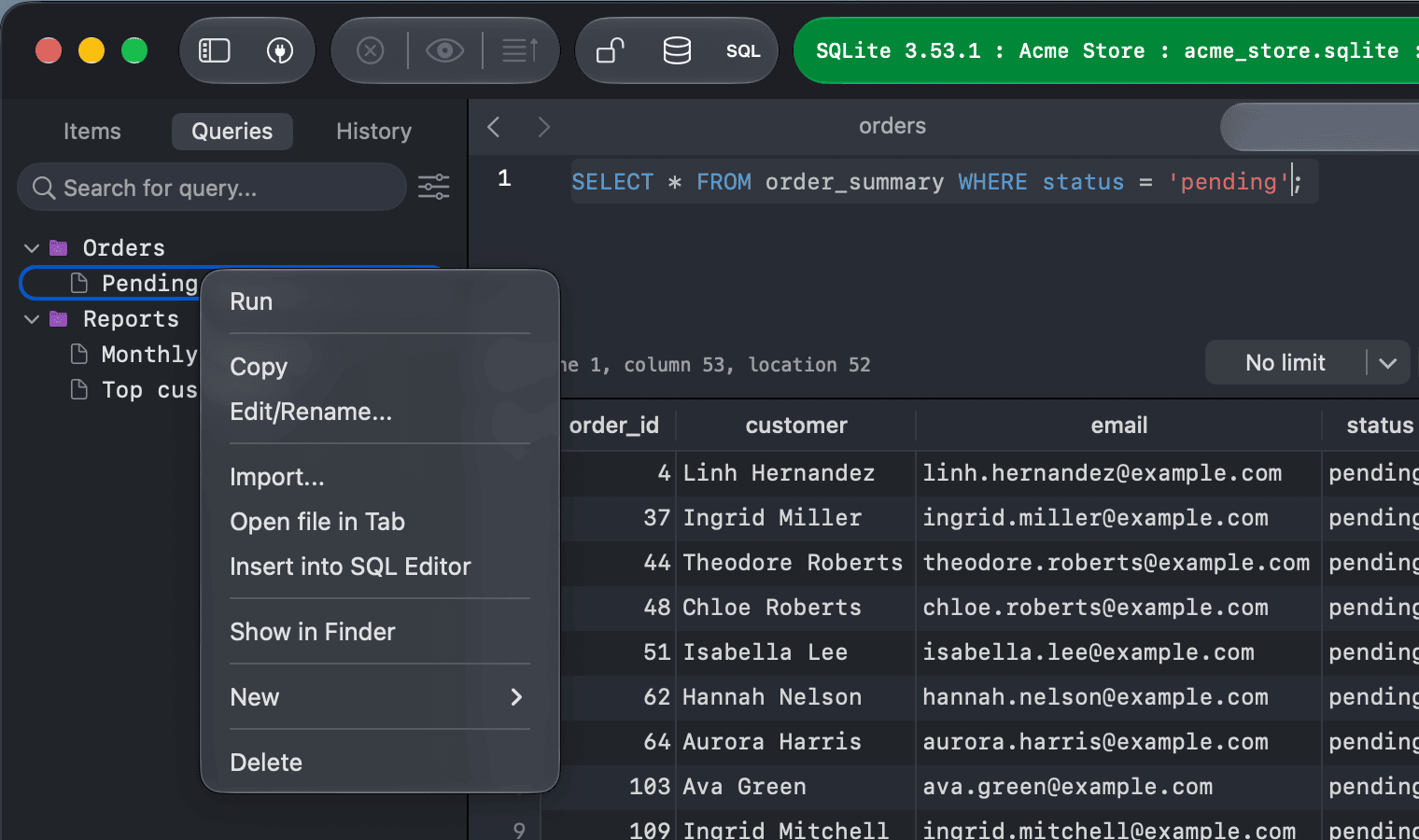 The Queries tab with the Orders folder (Pending orders) and the Reports folder (Monthly revenue, Top customers), and the context menu of a saved query