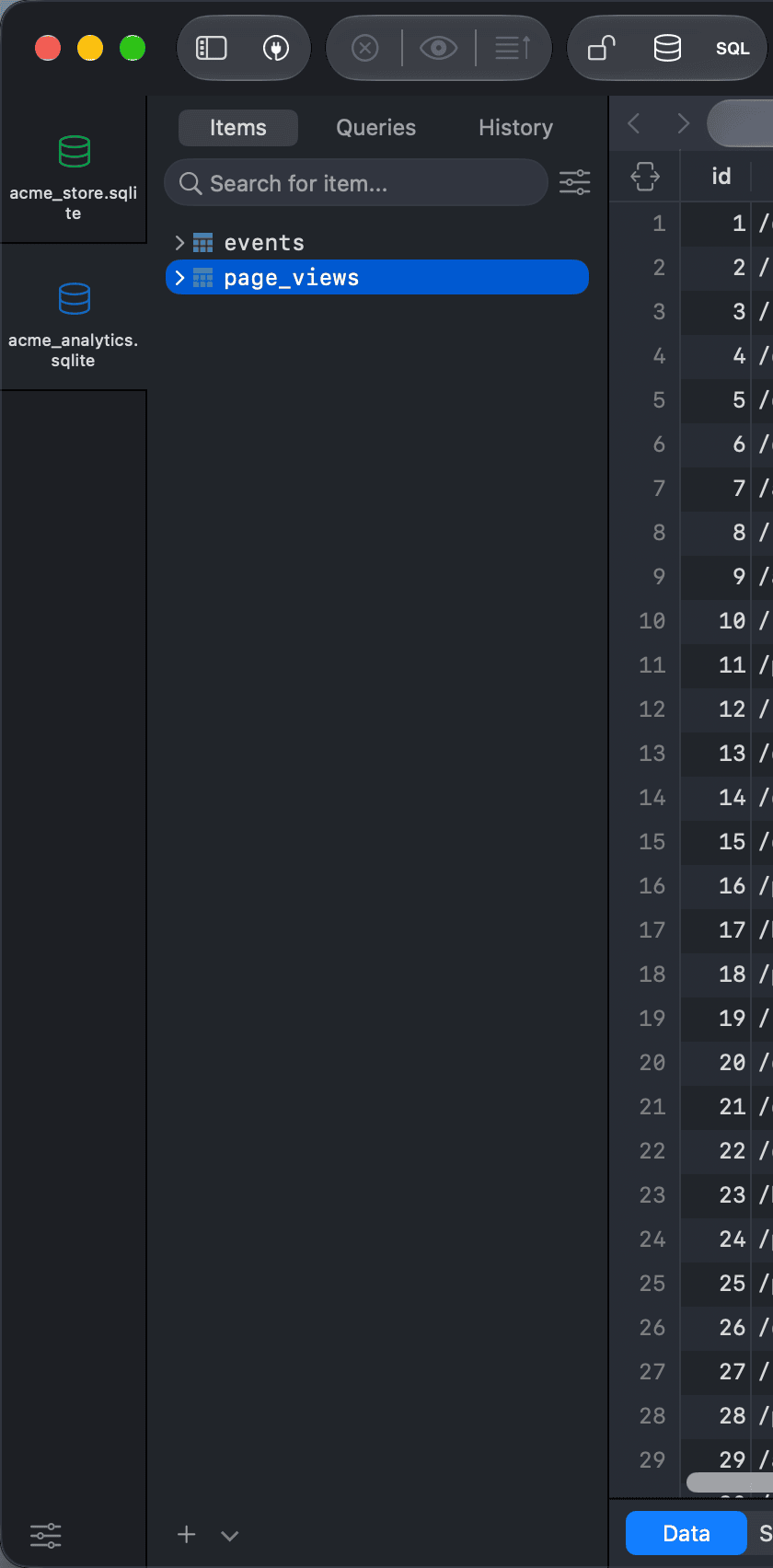 The database stack with Acme Store and Acme Analytics open, showing database and connection names