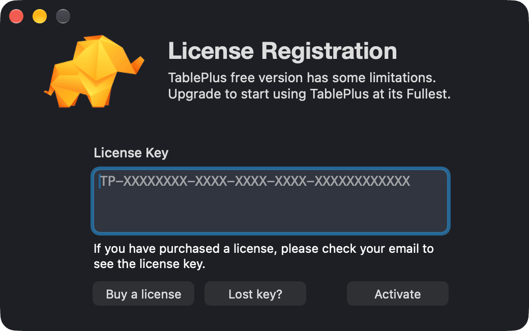 The License Registration window with the license key field and the Activate button
