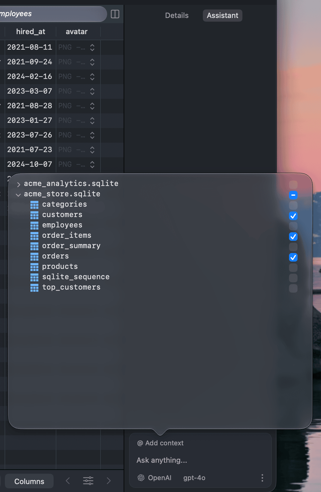 The Add context popover with the orders, customers and order_items tables checked