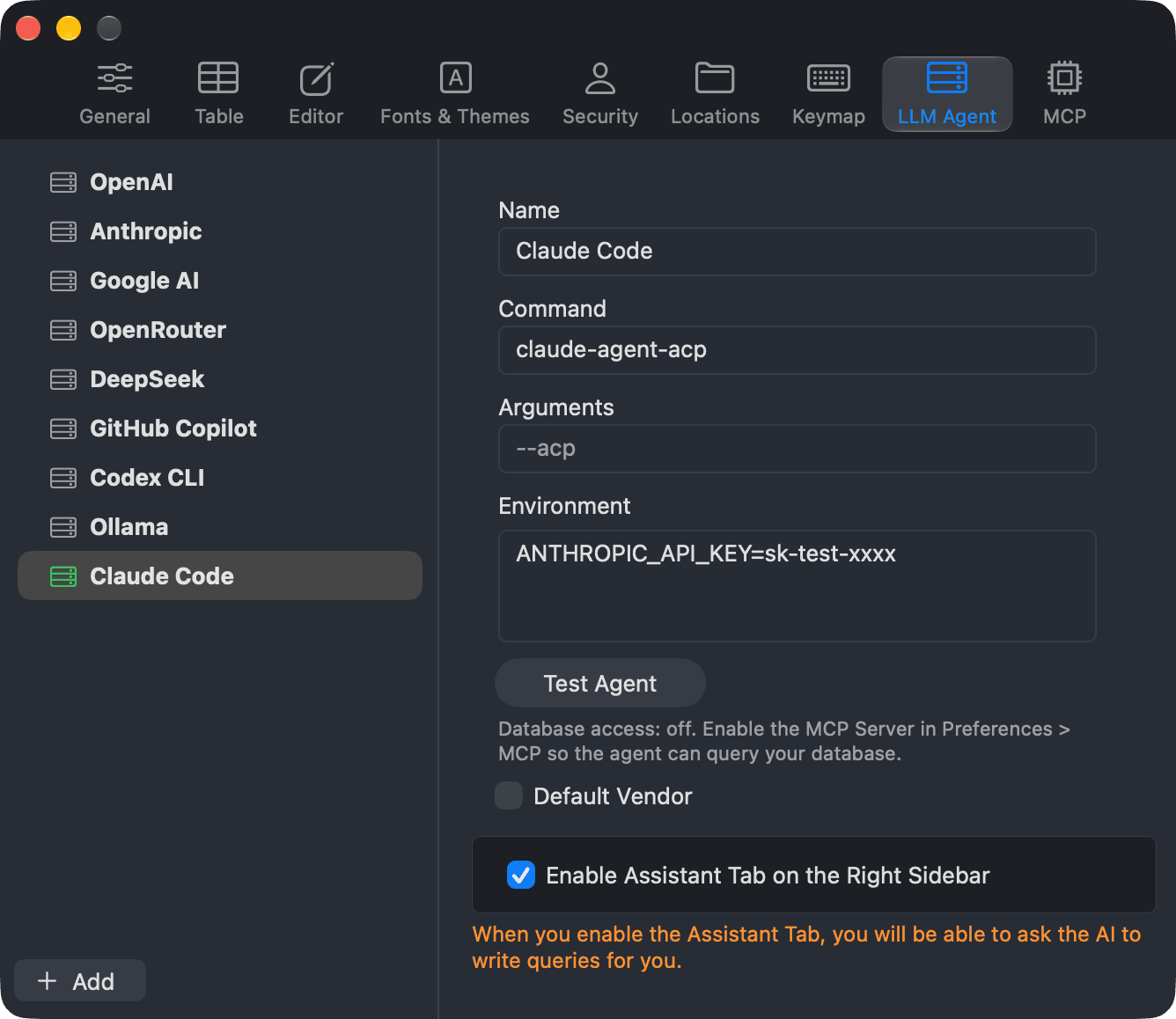 The custom agent settings with command, arguments, environment, the Test Agent button and the Database access: off hint