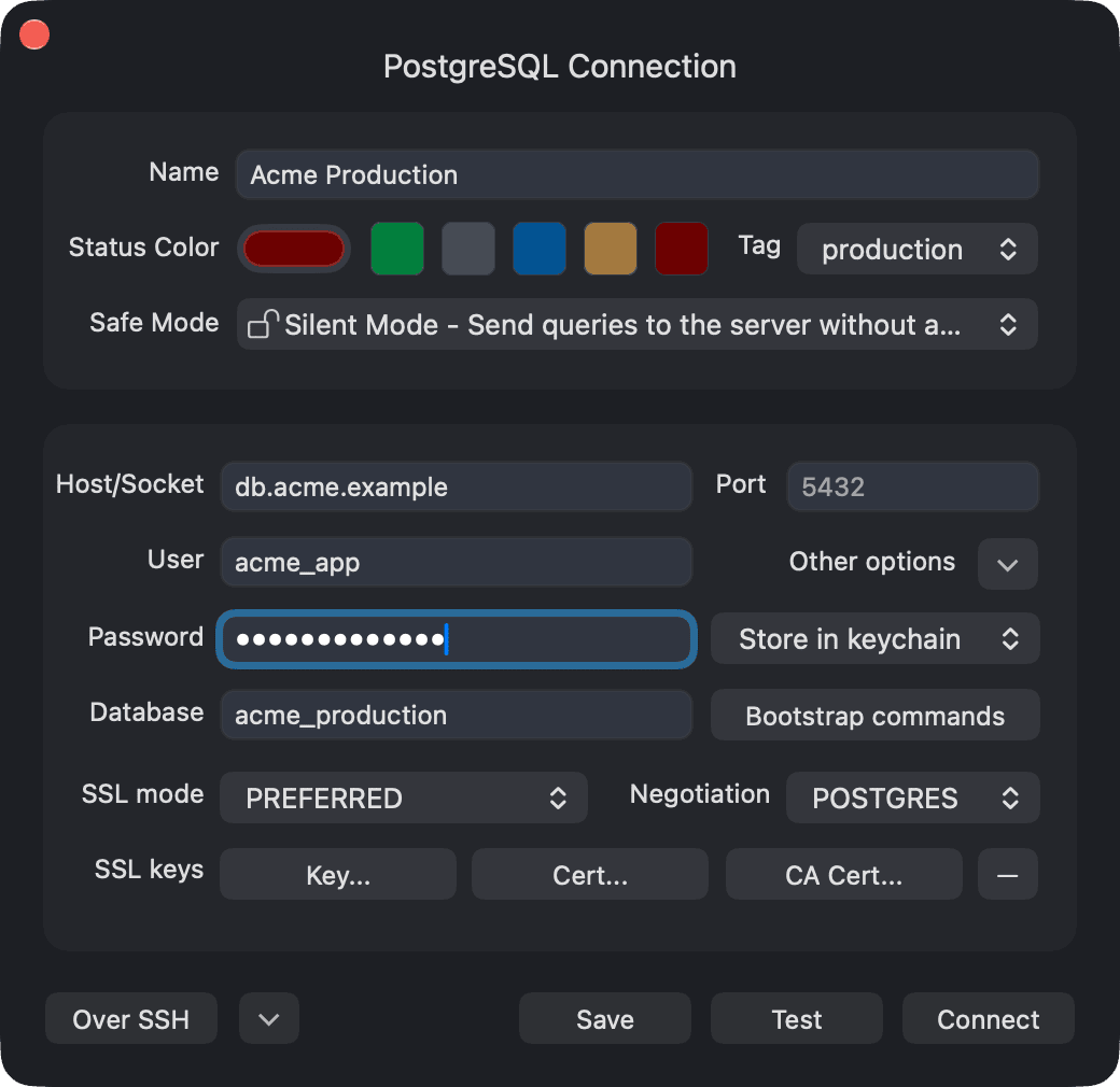 Connection form for the Acme Production PostgreSQL connection with host db.acme.example, user acme_app, database acme_production and the production tag