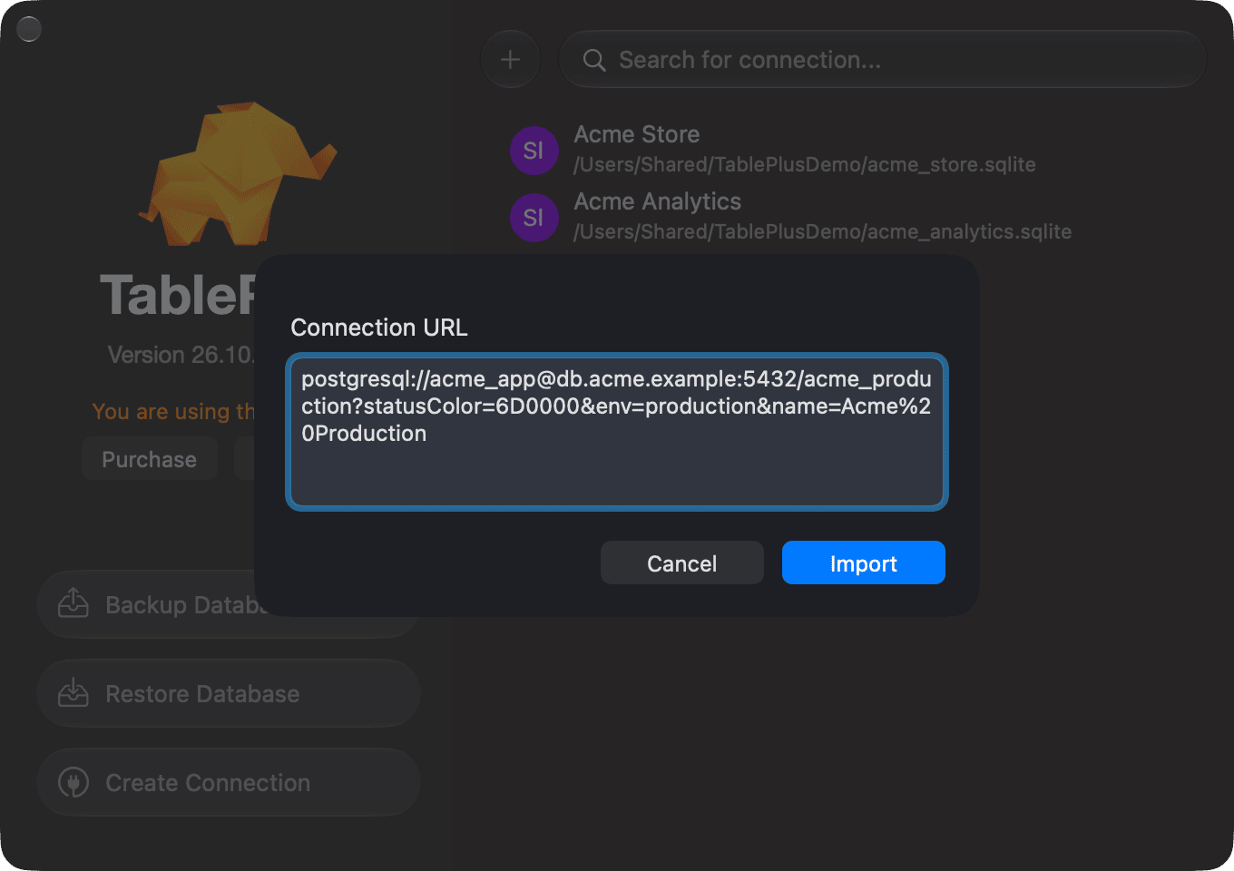 Import connection from URL dialog with a postgresql:// URL for Acme Production