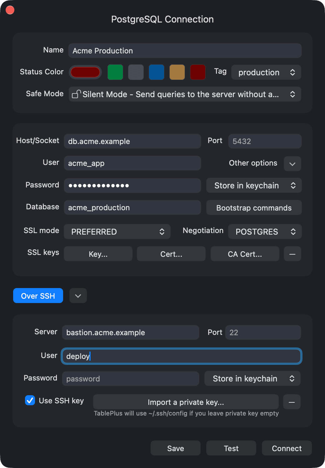 SSH section of the connection form