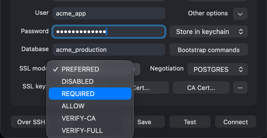 SSL mode and SSL keys in the connection form