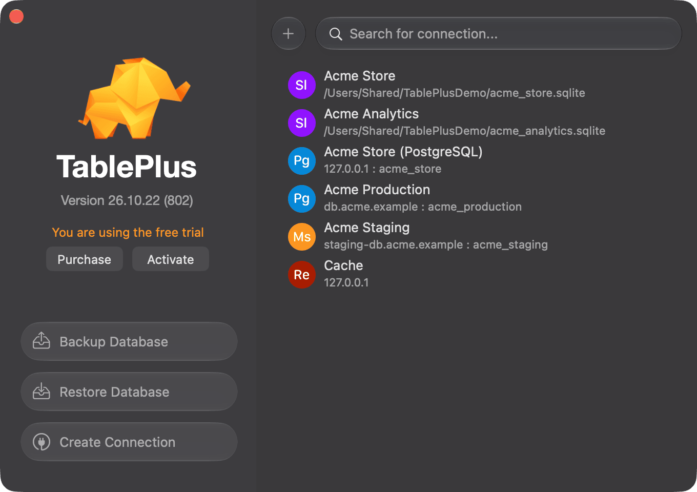 Welcome window with the saved connections list and the Create Connection, Backup Database and Restore Database buttons