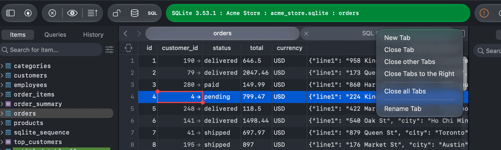 A workspace with the orders and SQL Query tabs open and the tab context menu showing