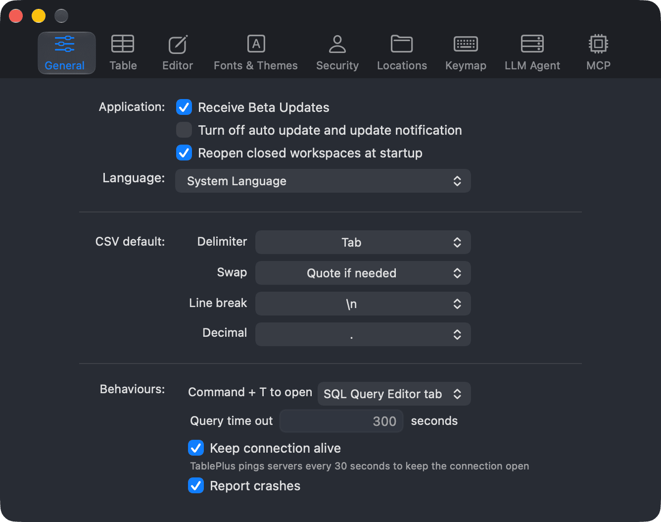 The General preferences tab with the Receive Beta Updates and Report crashes options