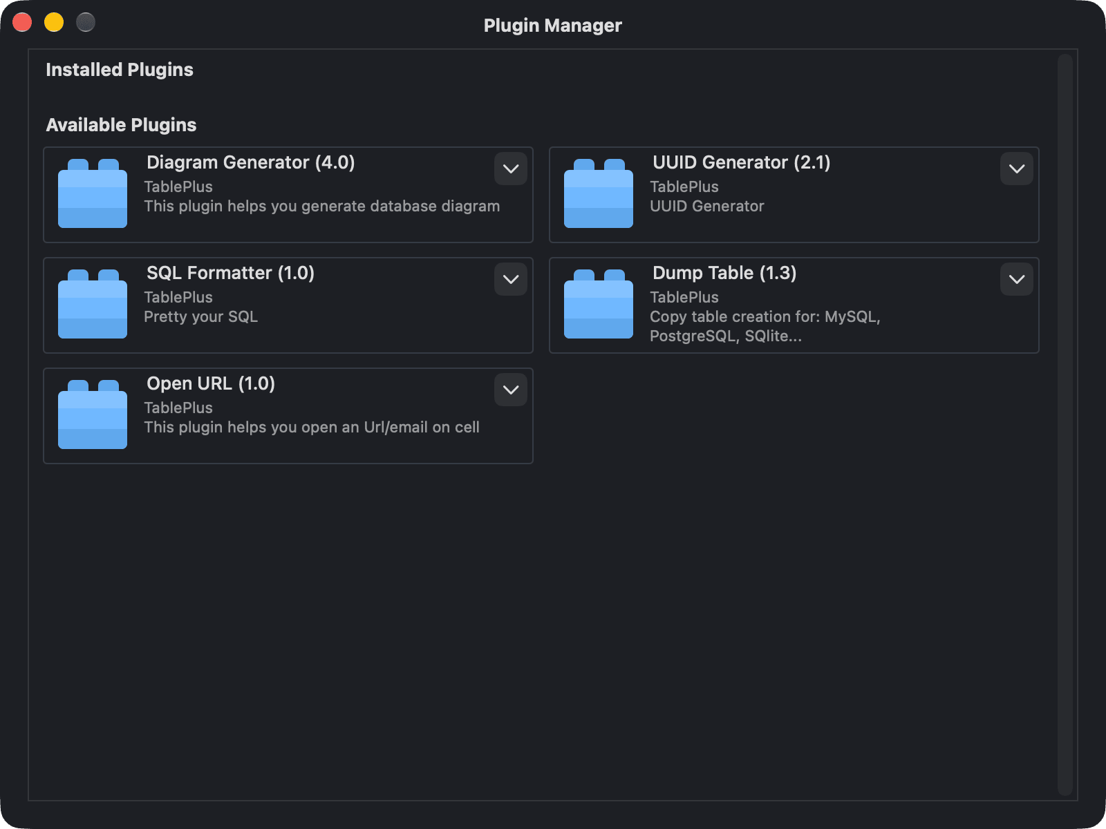 The Plugin Manager with no installed plugins and the available plugins Diagram Generator, UUID Generator, SQL Formatter, Dump Table and Open URL