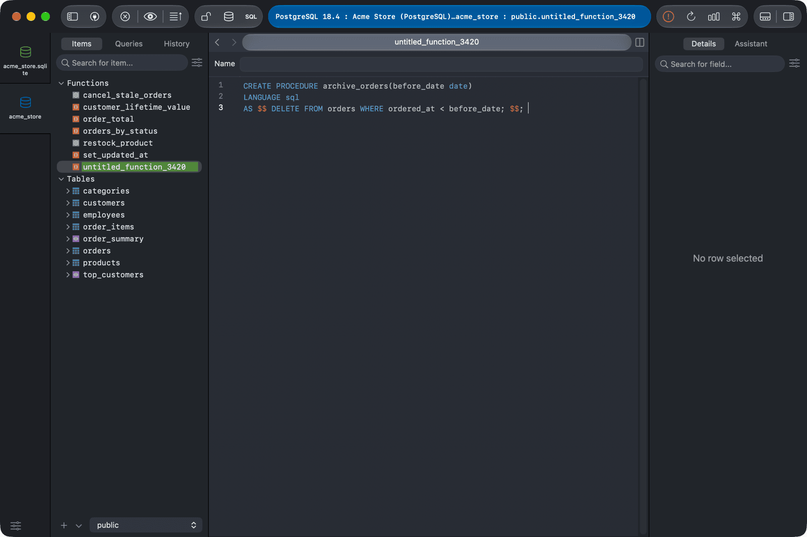 New procedure editor in a PostgreSQL database