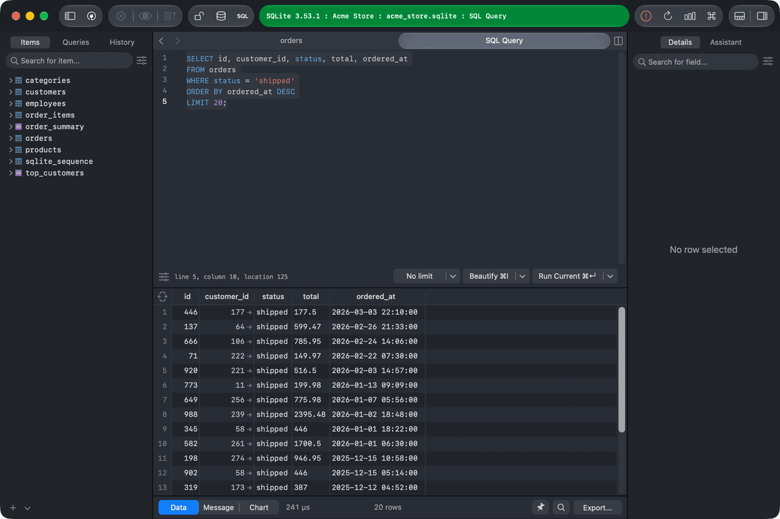 A SQL Editor tab with a query on the orders table and its results below