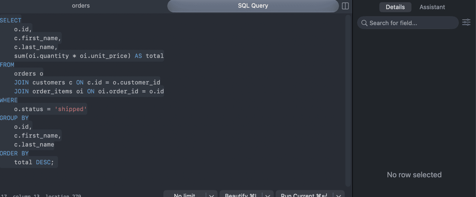 A long query formatted with Beautify
