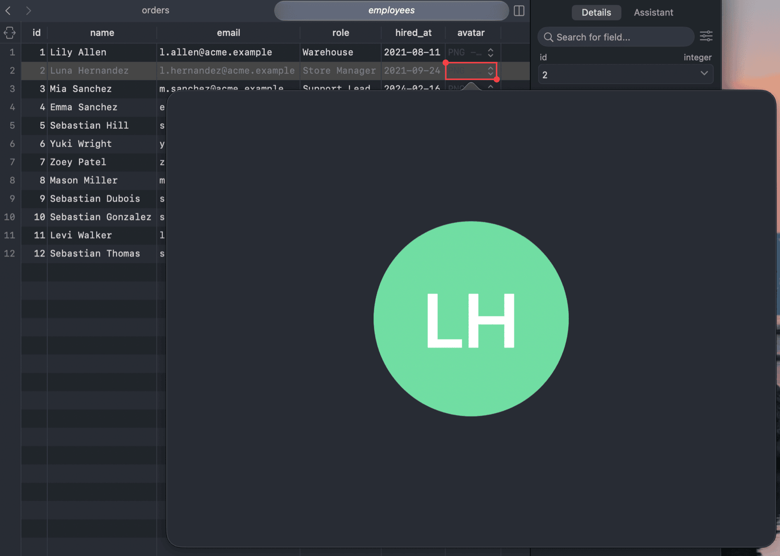 Quick Look previewing an employee's avatar image from a BLOB column
